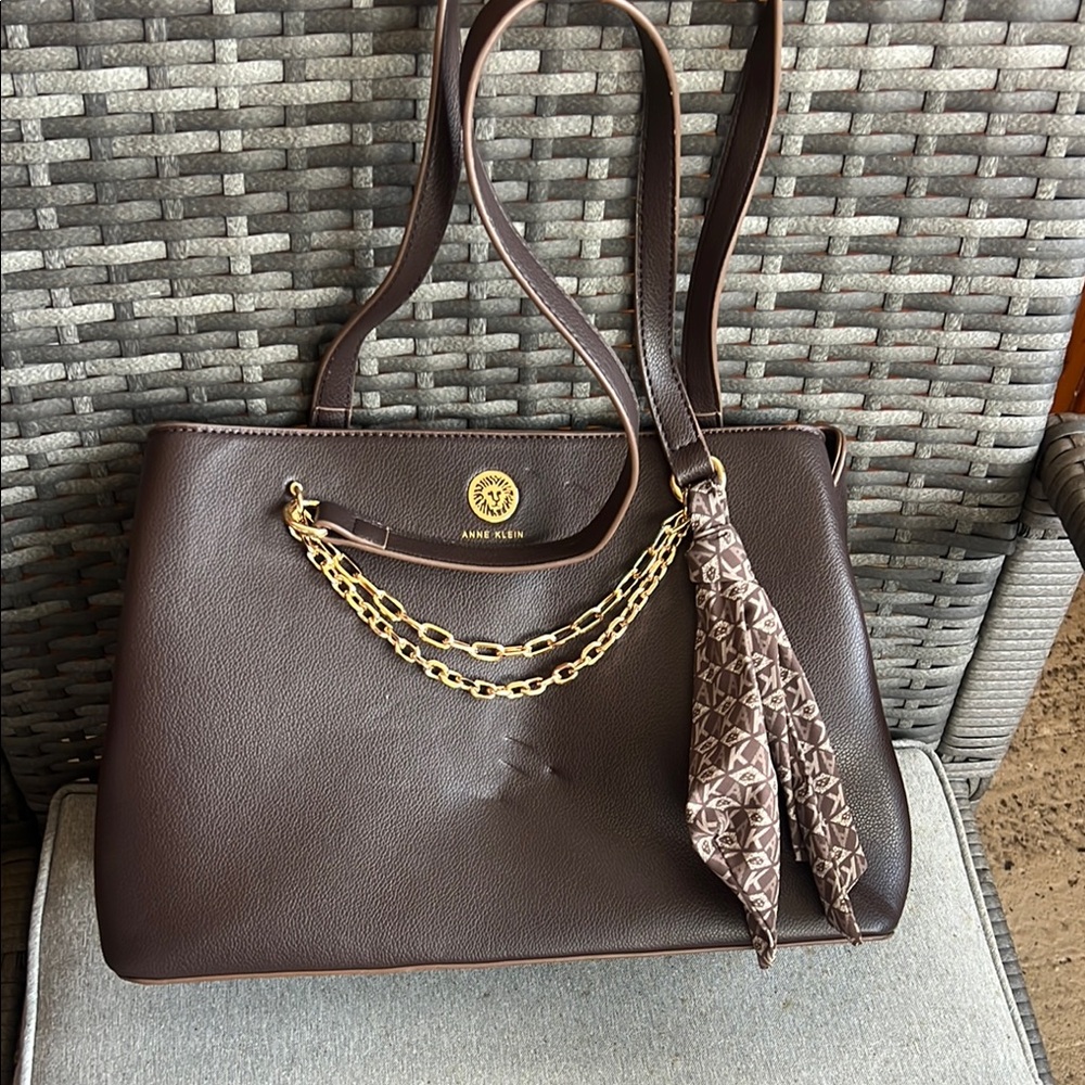 Anne Klein Brown and Gold Shoulder Bag with Chain Detail